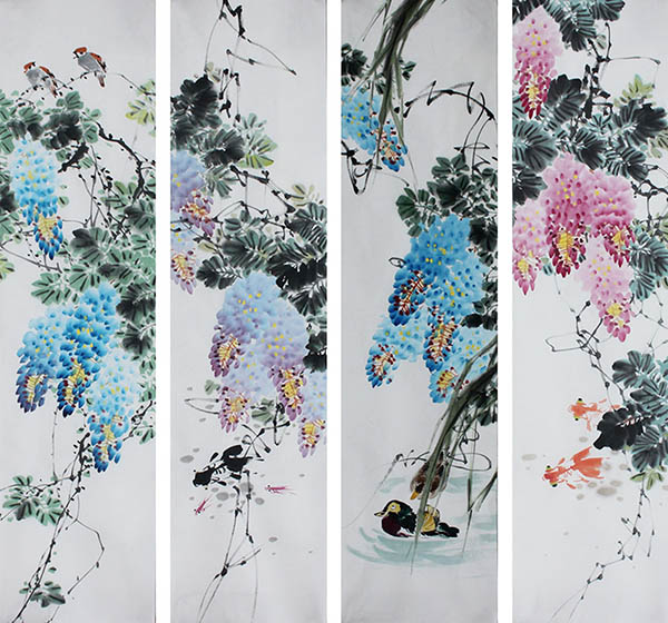 Four Screens of Flowers and Birds,34cm x 138cm(13〃 x 54〃),2350013-z