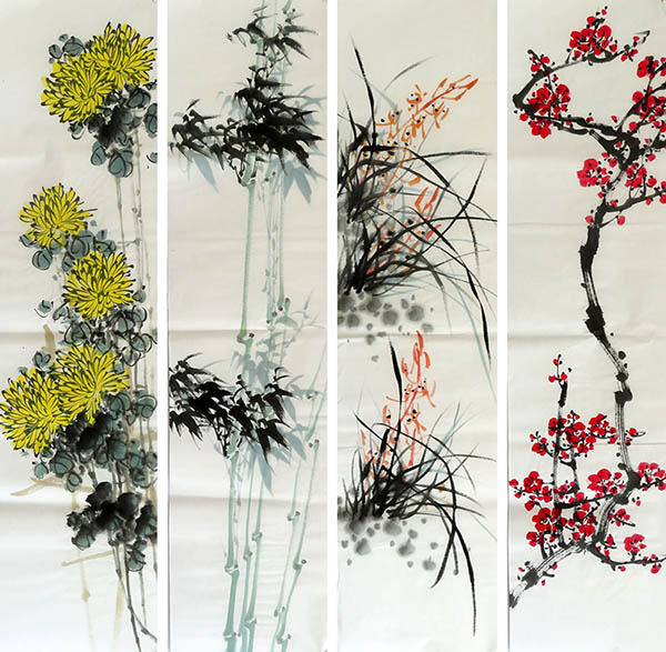 Four Screens of Flowers and Birds,35cm x 136cm(14〃 x 53〃),2350014-z