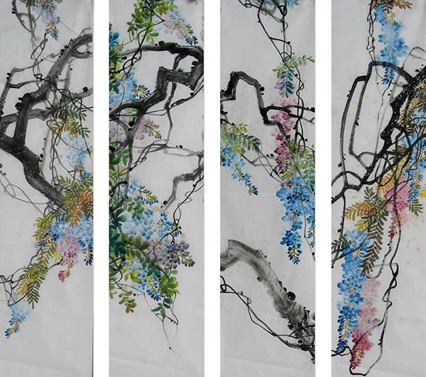 Four Screens of Flowers and Birds,35cm x 136cm(14〃 x 53〃),2350015-z