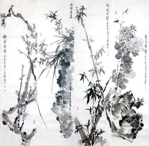 Four Screens of Flowers and Birds,34cm x 138cm(13〃 x 54〃),2360093-z