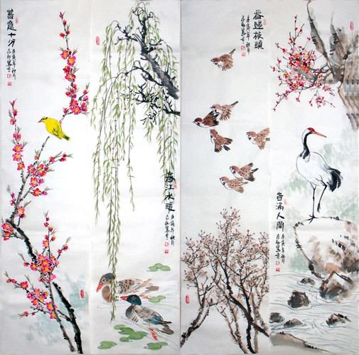 Four Screens of Flowers and Birds,34cm x 138cm(13〃 x 54〃),2360095-z