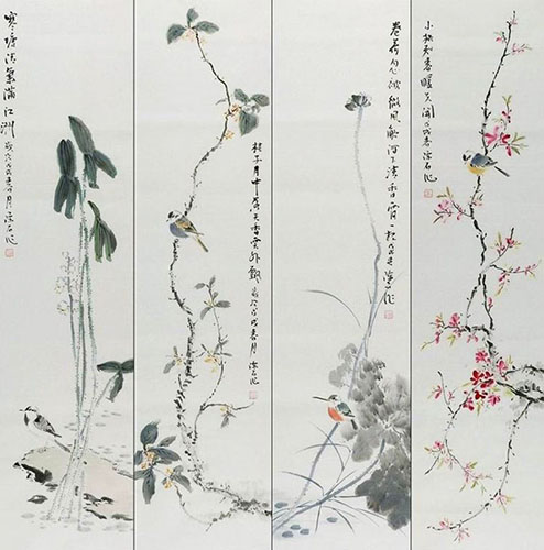 Four Screens of Flowers and Birds,33cm x 130cm(13〃 x 51〃),2407112-z