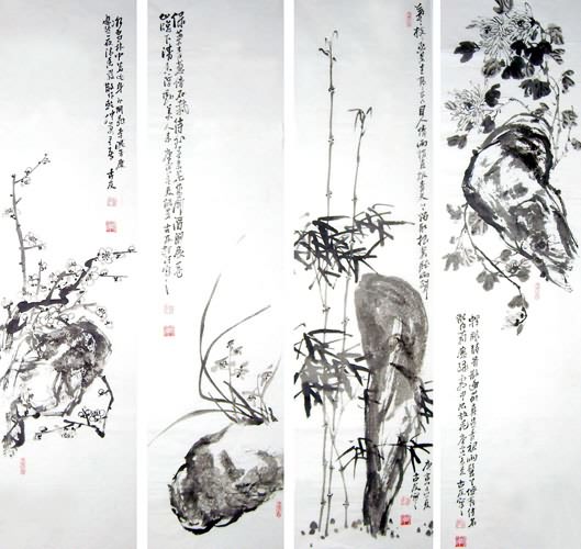 Four Screens of Flowers and Birds,34cm x 96cm(13〃 x 38〃),2412014-z