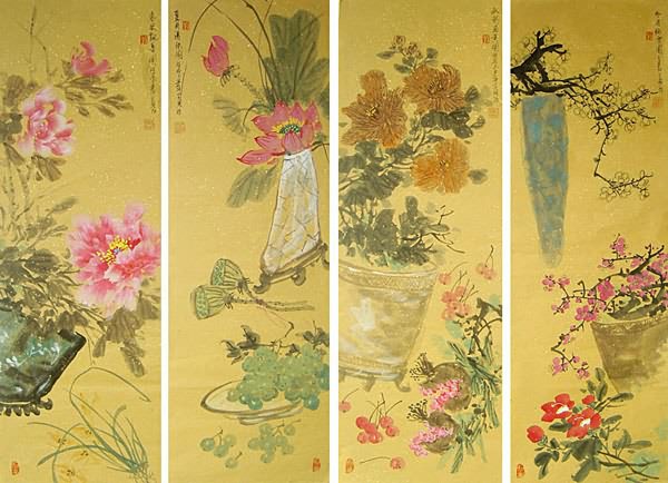 Four Screens of Flowers and Birds,34cm x 96cm(13〃 x 38〃),2414017-z