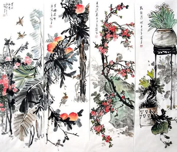Four Screens of Flowers and Birds,33cm x 117cm(13〃 x 46〃),2423025-z