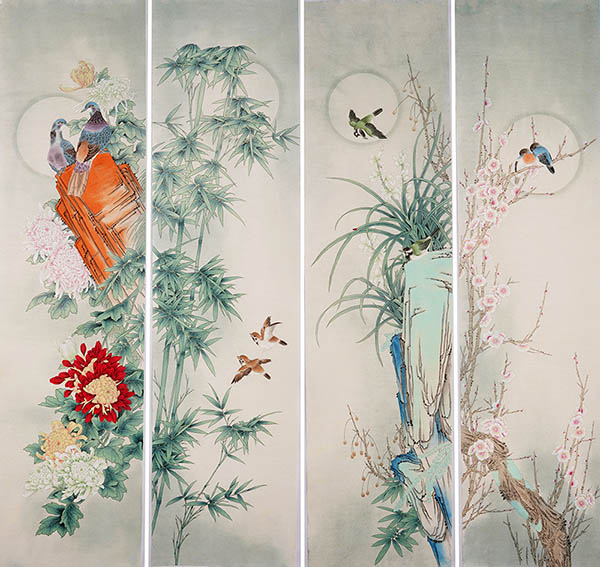 Four Screens of Flowers and Birds,35cm x 136cm(14〃 x 53〃),2527032-z