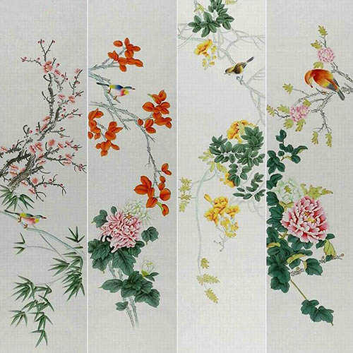 Four Screens of Flowers and Birds,35cm x 136cm(14〃 x 53〃),2527036-z