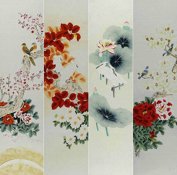 Four Screens of Flowers and Birds,35cm x 136cm(14〃 x 53〃),2527037-z