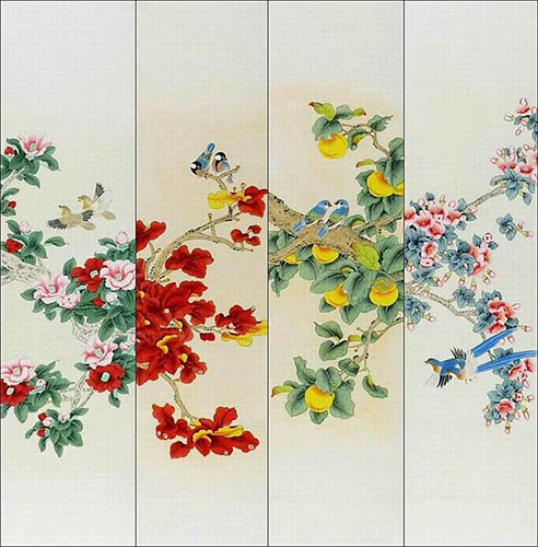 Four Screens of Flowers and Birds,35cm x 136cm(14〃 x 53〃),2527038-z