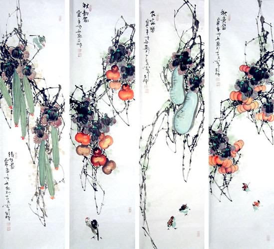 Four Screens of Flowers and Birds,33cm x 130cm(13〃 x 51〃),2559013-z