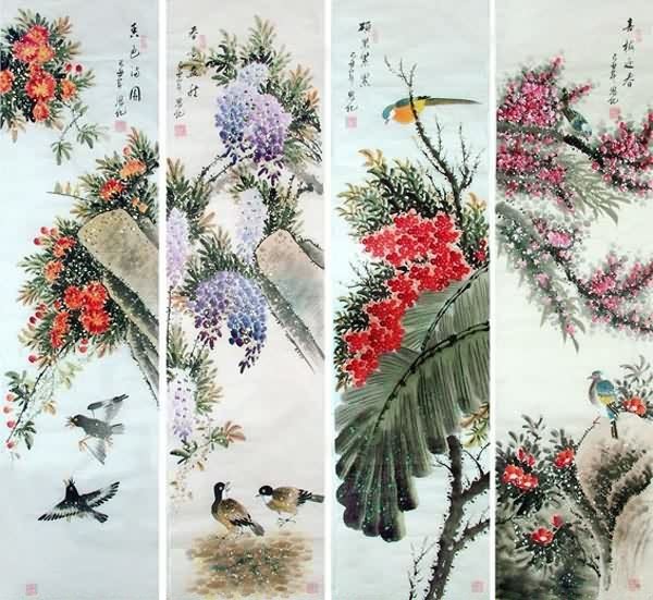 Four Screens of Flowers and Birds,34cm x 138cm(13〃 x 54〃),2567005-z