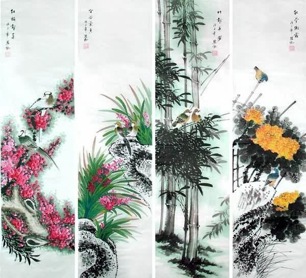 Four Screens of Flowers and Birds,34cm x 138cm(13〃 x 54〃),2567006-z