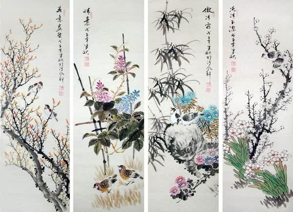 Four Screens of Flowers and Birds,30cm x 100cm(12〃 x 39〃),2568001-z