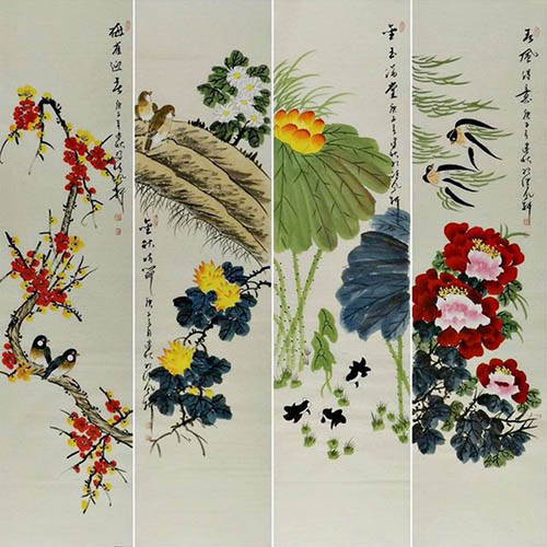 Four Screens of Flowers and Birds,33cm x 130cm(13〃 x 51〃),2568014-z