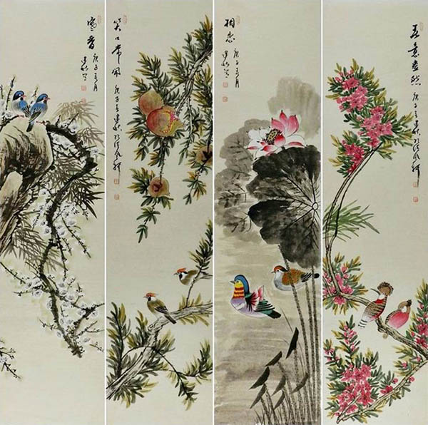 Four Screens of Flowers and Birds,33cm x 130cm(13〃 x 51〃),2568015-z