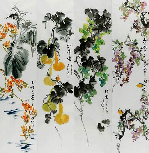Four Screens of Flowers and Birds,33cm x 130cm(13〃 x 51〃),2568016-z