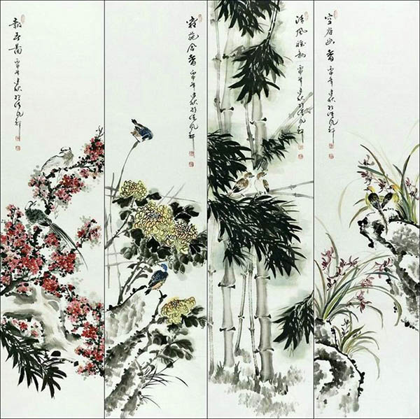 Four Screens of Flowers and Birds,33cm x 130cm(13〃 x 51〃),2568018-z