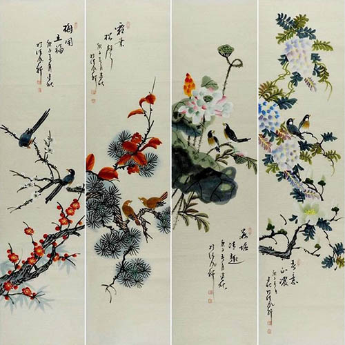 Four Screens of Flowers and Birds,33cm x 130cm(13〃 x 51〃),2568021-z