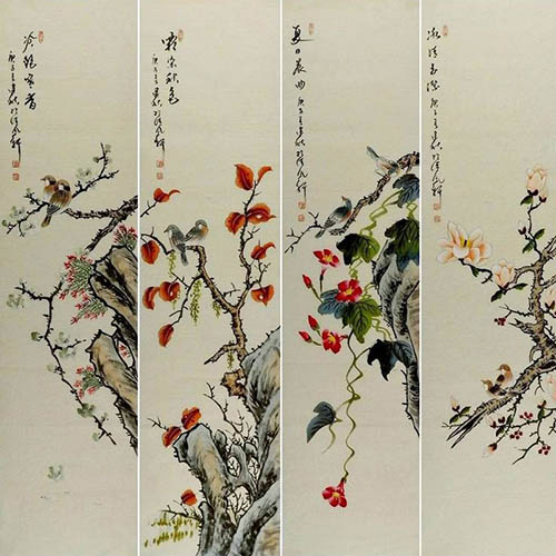 Four Screens of Flowers and Birds,33cm x 130cm(13〃 x 51〃),2568022-z