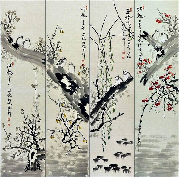 Four Screens of Flowers and Birds,33cm x 130cm(13〃 x 51〃),2568023-z
