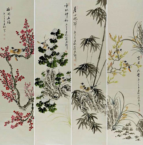 Four Screens of Flowers and Birds,33cm x 130cm(13〃 x 51〃),2568024-z