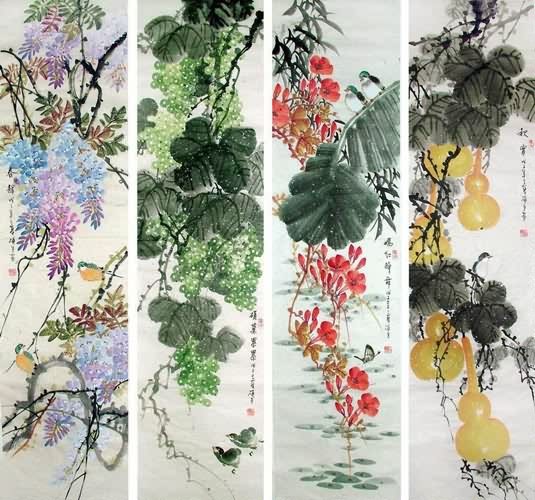 Four Screens of Flowers and Birds,34cm x 138cm(13〃 x 54〃),2569001-z