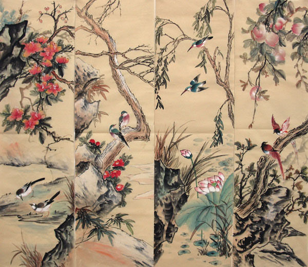 Four Screens of Flowers and Birds,34cm x 120cm(13〃 x 47〃),2581013-z