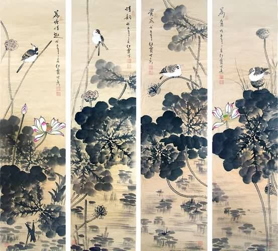 Four Screens of Flowers and Birds,34cm x 138cm(13〃 x 54〃),2600016-z