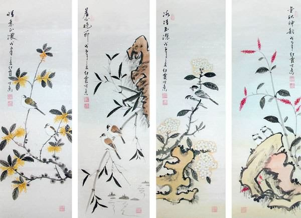 Four Screens of Flowers and Birds,33cm x 110cm(13〃 x 43〃),2600018-z