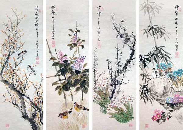 Four Screens of Flowers and Birds,33cm x 110cm(13〃 x 43〃),2600019-z