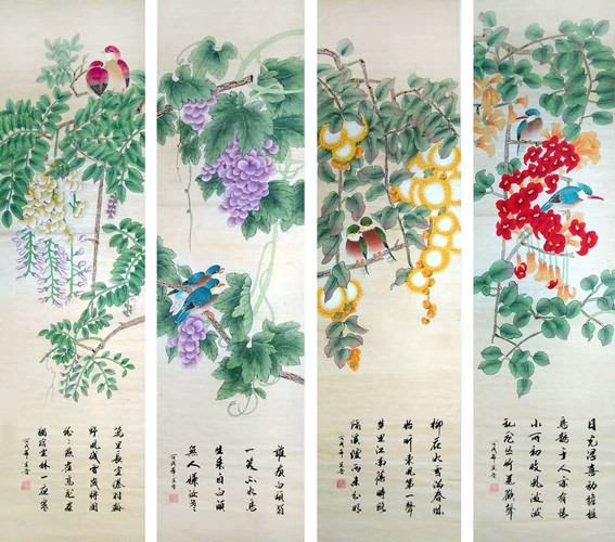 Four Screens of Flowers and Birds,33cm x 130cm(13〃 x 51〃),2617061-z