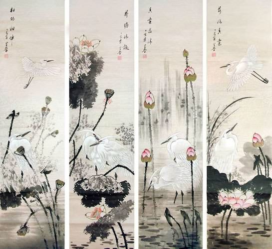Four Screens of Flowers and Birds,33cm x 130cm(13〃 x 51〃),2617066-z