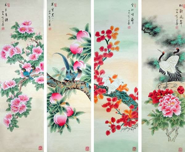 Four Screens of Flowers and Birds,33cm x 130cm(13〃 x 51〃),2617068-z