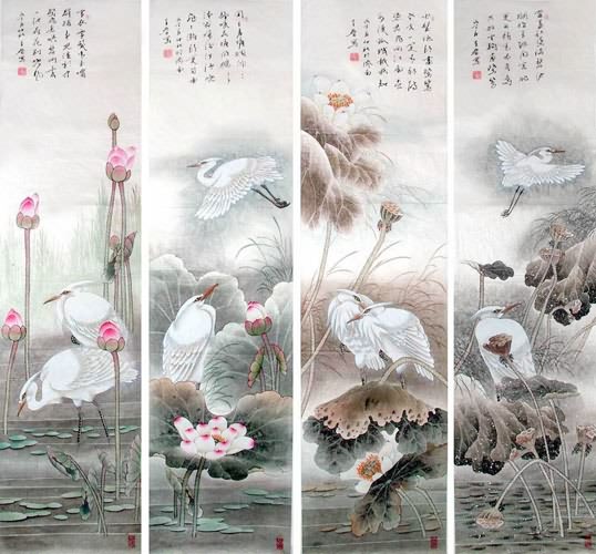 Four Screens of Flowers and Birds,34cm x 138cm(13〃 x 54〃),2617069-z