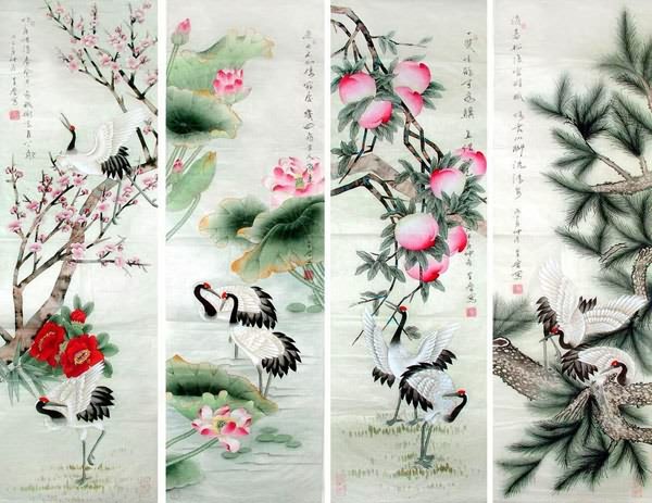 Four Screens of Flowers and Birds,33cm x 110cm(13〃 x 43〃),2617070-z