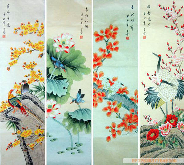 Four Screens of Flowers and Birds,33cm x 130cm(13〃 x 51〃),2617073-z