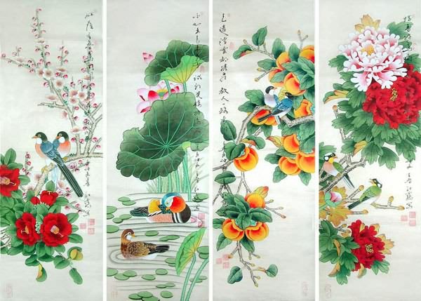 Four Screens of Flowers and Birds,33cm x 110cm(13〃 x 43〃),2617074-z