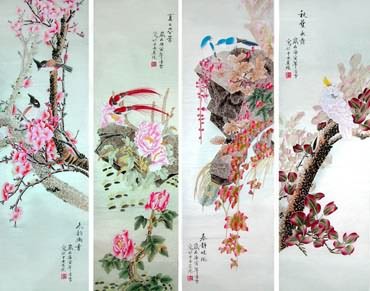Chinese Four Screens of Flowers and Birds Painting,33cm x 110cm,2702034-x