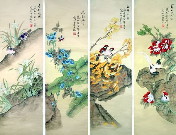 Four Screens of Flowers and Birds,33cm x 110cm(13〃 x 43〃),2702035-z