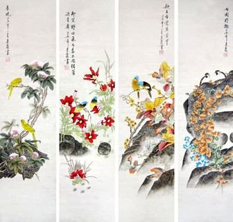 Chinese Four Screens of Flowers and Birds Painting,33cm x 130cm,2703080-x