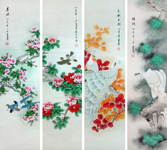 Four Screens of Flowers and Birds,33cm x 130cm(13〃 x 51〃),2703082-z