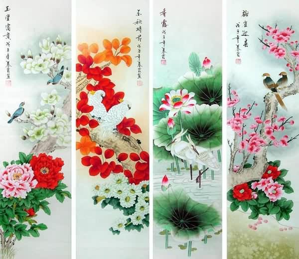 Four Screens of Flowers and Birds,34cm x 138cm(13〃 x 54〃),2703084-z