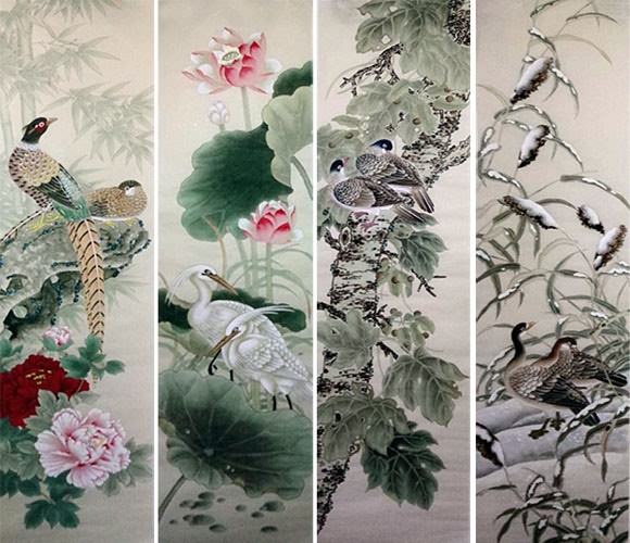 Four Screens of Flowers and Birds,33cm x 130cm(13〃 x 51〃),2802002-z