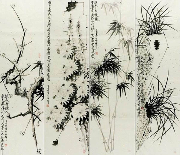Four Screens of Flowers and Birds,33cm x 102cm(13〃 x 40〃),dq21158002-z