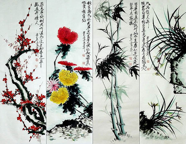 Four Screens of Flowers and Birds,33cm x 102cm(13〃 x 40〃),dq21158004-z