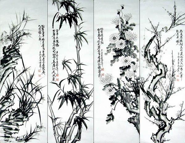 Four Screens of Flowers and Birds,33cm x 102cm(13〃 x 40〃),dq21158005-z