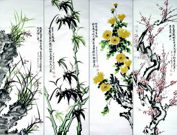 Four Screens of Flowers and Birds,33cm x 102cm(13〃 x 40〃),dq21158006-z