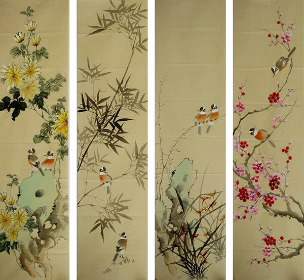 Four Screens of Flowers and Birds,35cm x 136cm(14〃 x 53〃),ly21089009-z