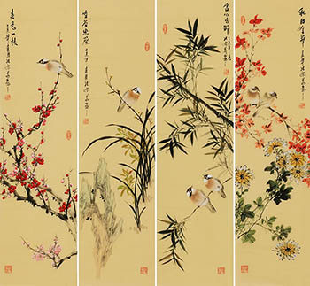 Chinese Four Screens of Flowers and Birds Painting,35cm x 126cm,ly21089010-x