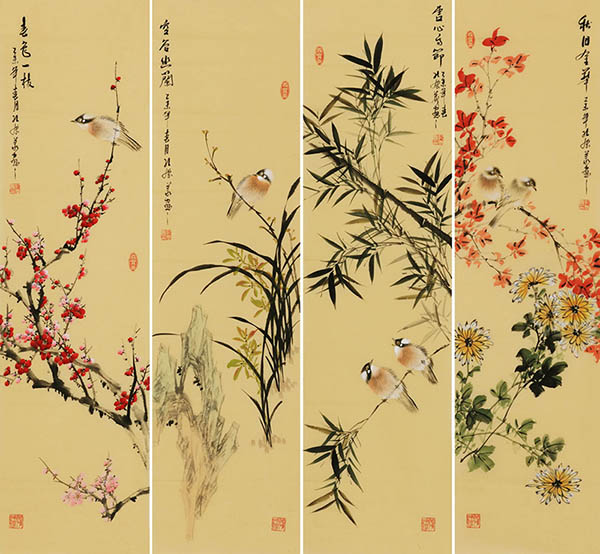 Four Screens of Flowers and Birds,35cm x 126cm(14〃 x 50〃),ly21089010-z